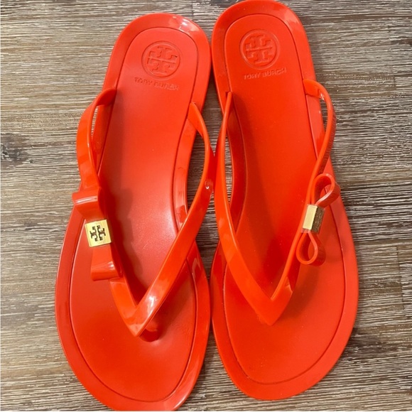 Tory Burch Thong Sandals Orange Size 9 Jelly Thong (Hard plastic)Gold Bow detail - Picture 6 of 7